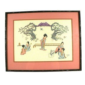 Japanese Geisha Garden Scene Vintage Cross Stitch Matted Framed Signed  Art